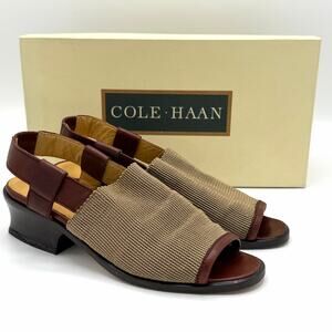 Cole Haan Brina Slingback Sandals 5B Brown Leather Woven Bamboo Low Heel Italy